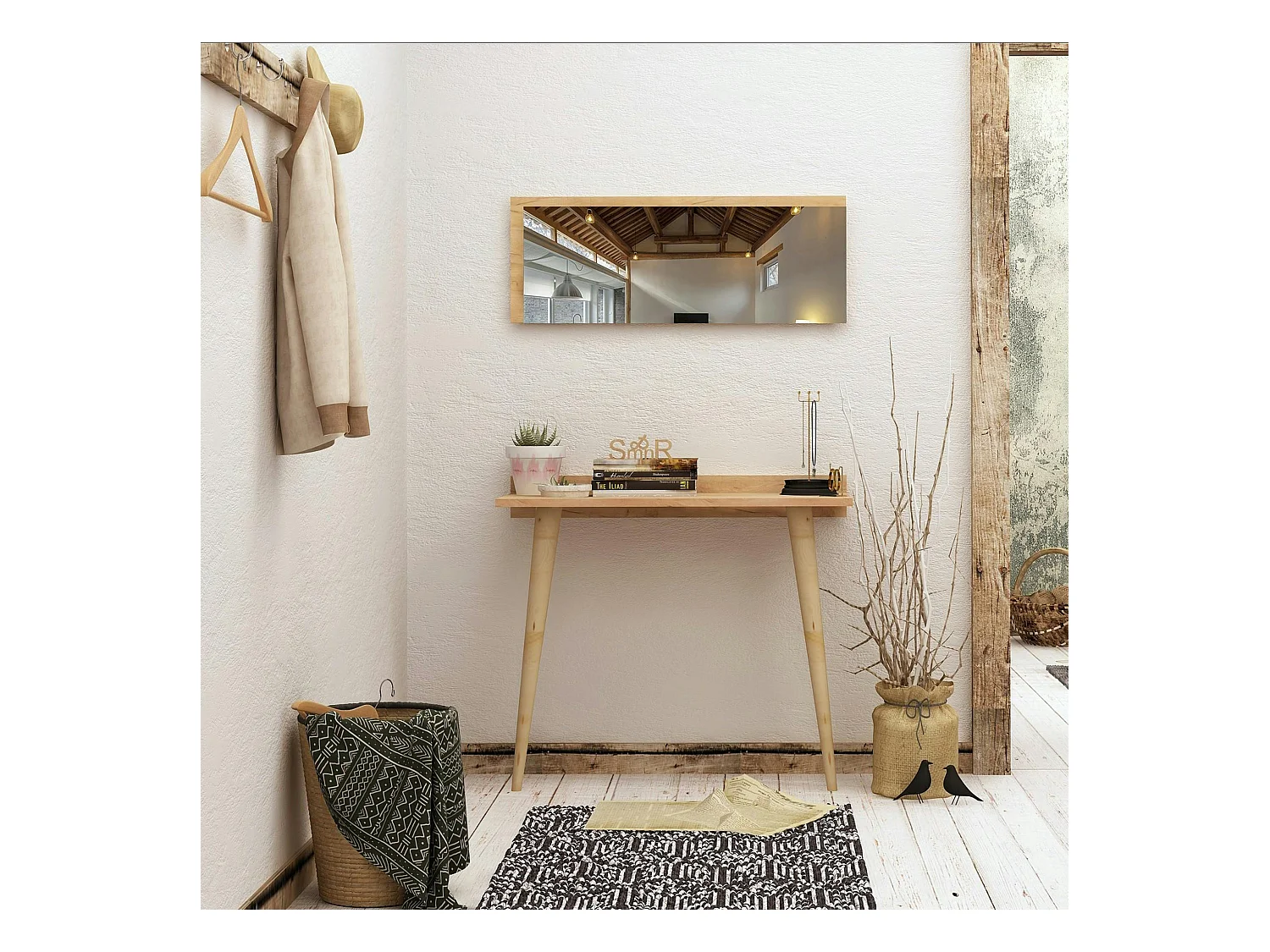 Console bureau effet chêne avec miroir rectangulaire MARFA