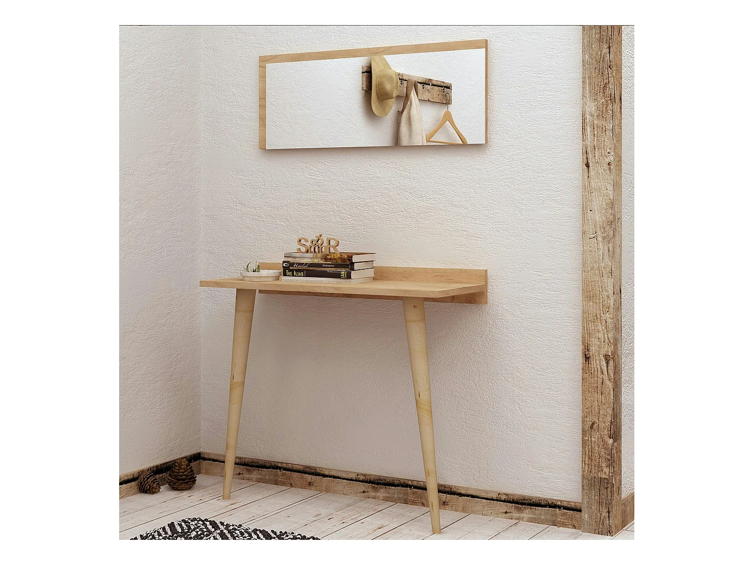 Console bureau effet chêne avec miroir rectangulaire MARFA