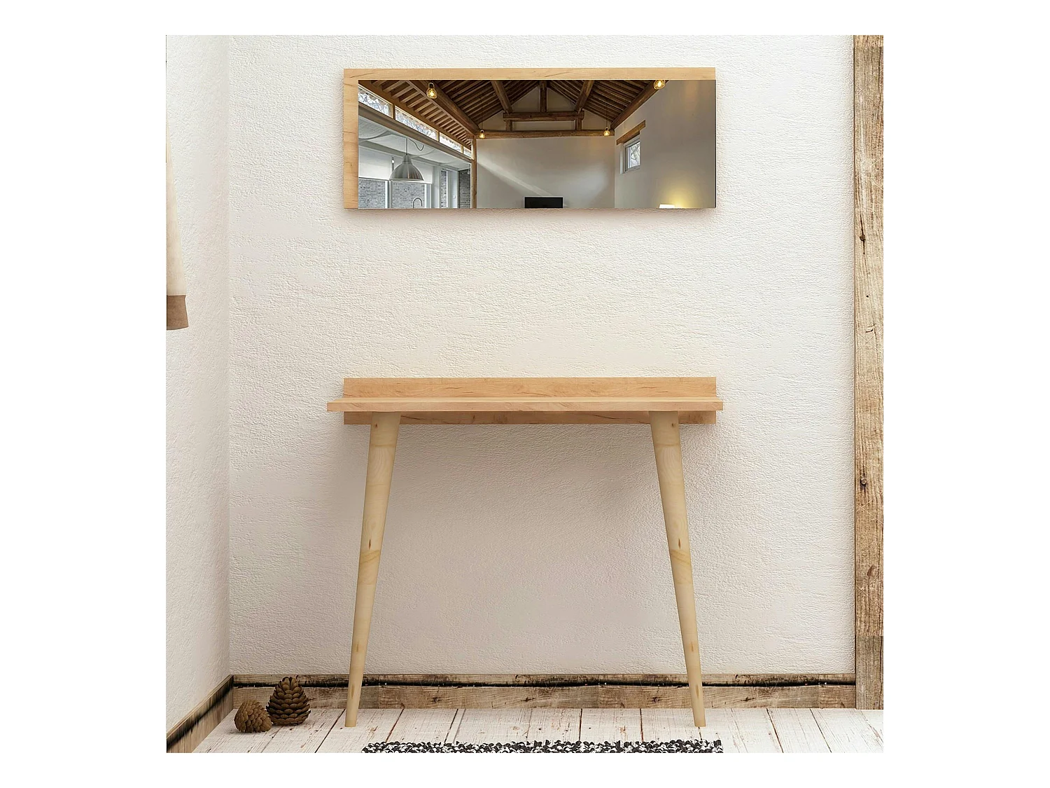 Console bureau effet chêne avec miroir rectangulaire MARFA
