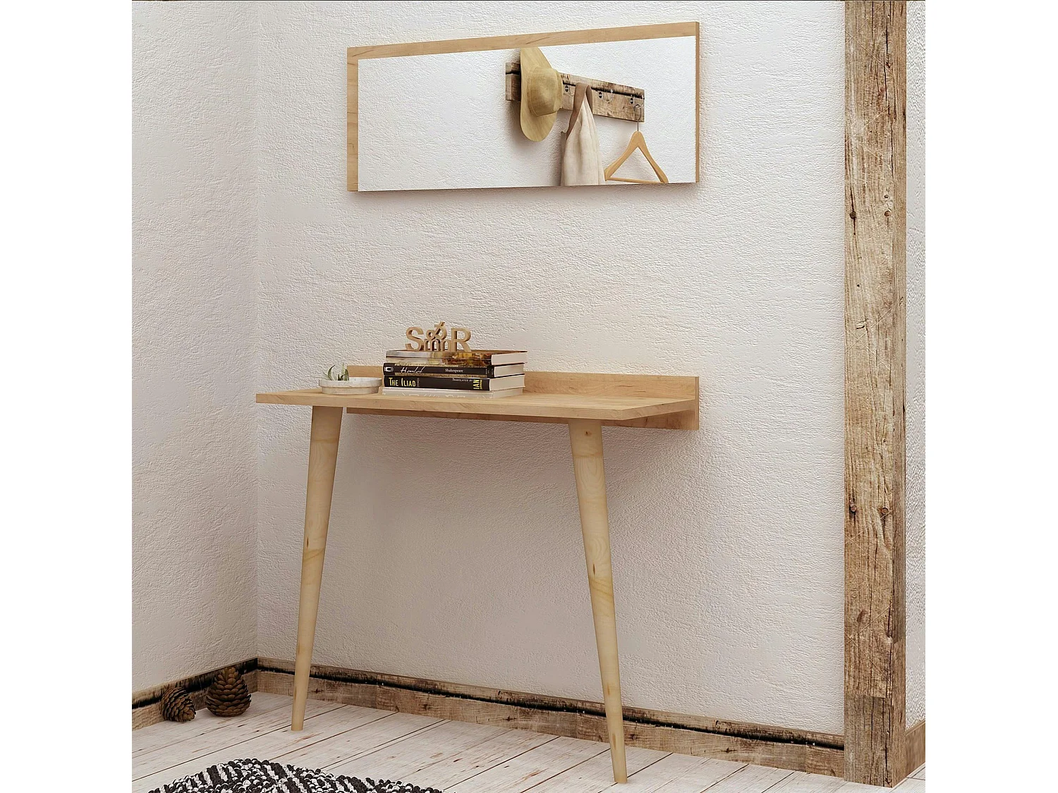 Console bureau effet chêne avec miroir rectangulaire MARFA