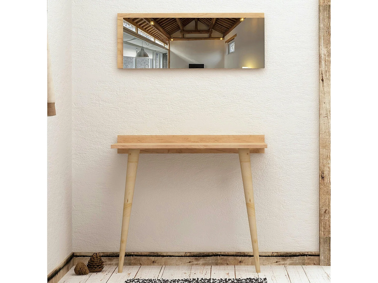 Console bureau effet chêne avec miroir rectangulaire MARFA