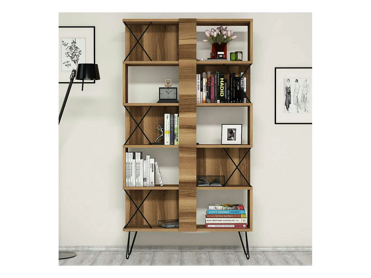 Bibliothèque moderne effet noyer à croisillons noirs JENA