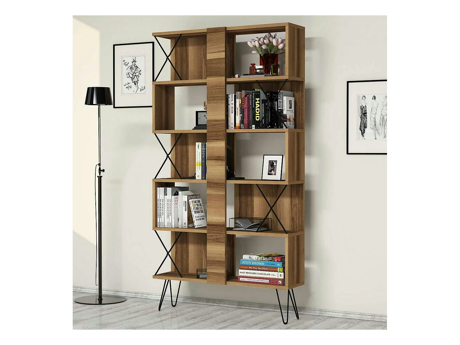 Bibliothèque moderne effet noyer à croisillons noirs JENA