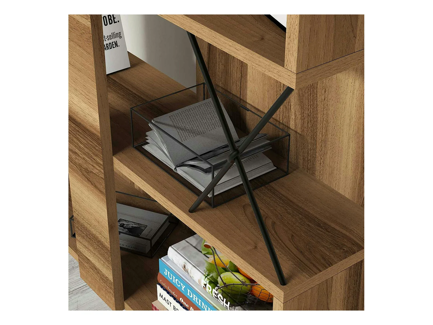 Bibliothèque moderne effet noyer à croisillons noirs JENA