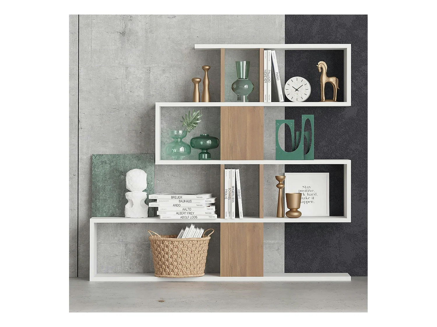 Bibliothèque blanche et effet noyer avec niches, 120 cm MARFA