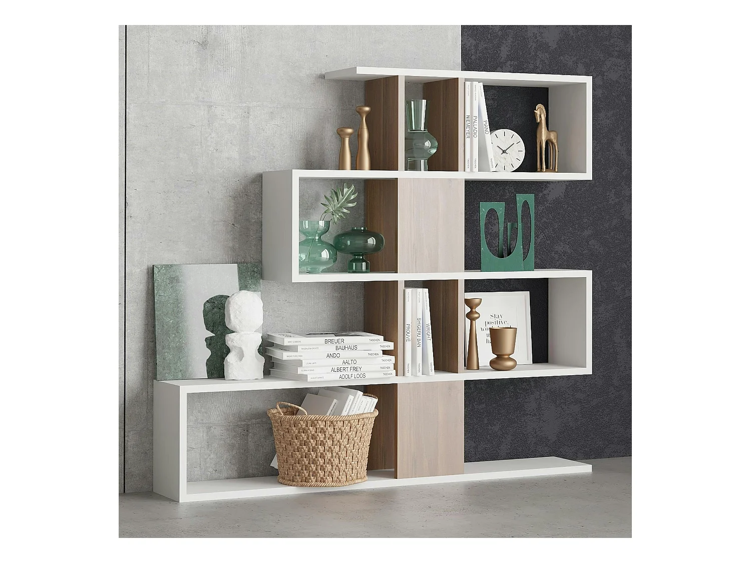 Bibliothèque blanche et effet noyer avec niches, 120 cm MARFA