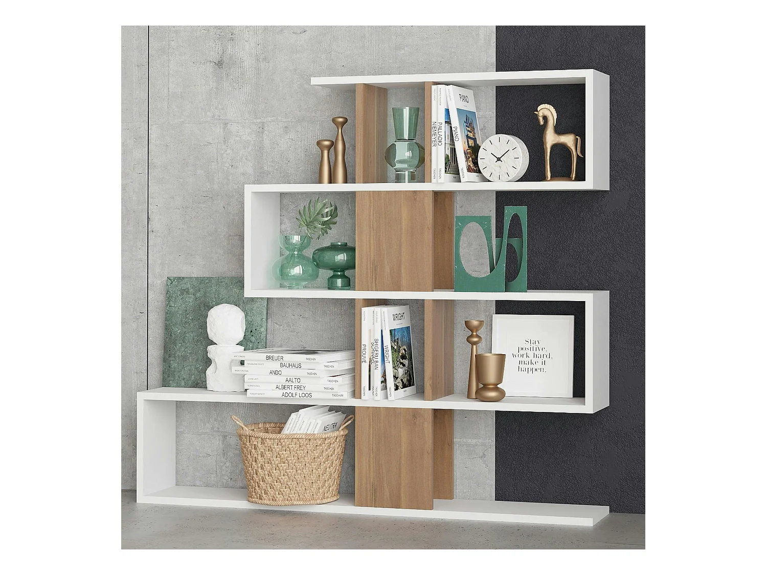 Bibliothèque blanche et effet noyer avec niches, 120 cm MARFA