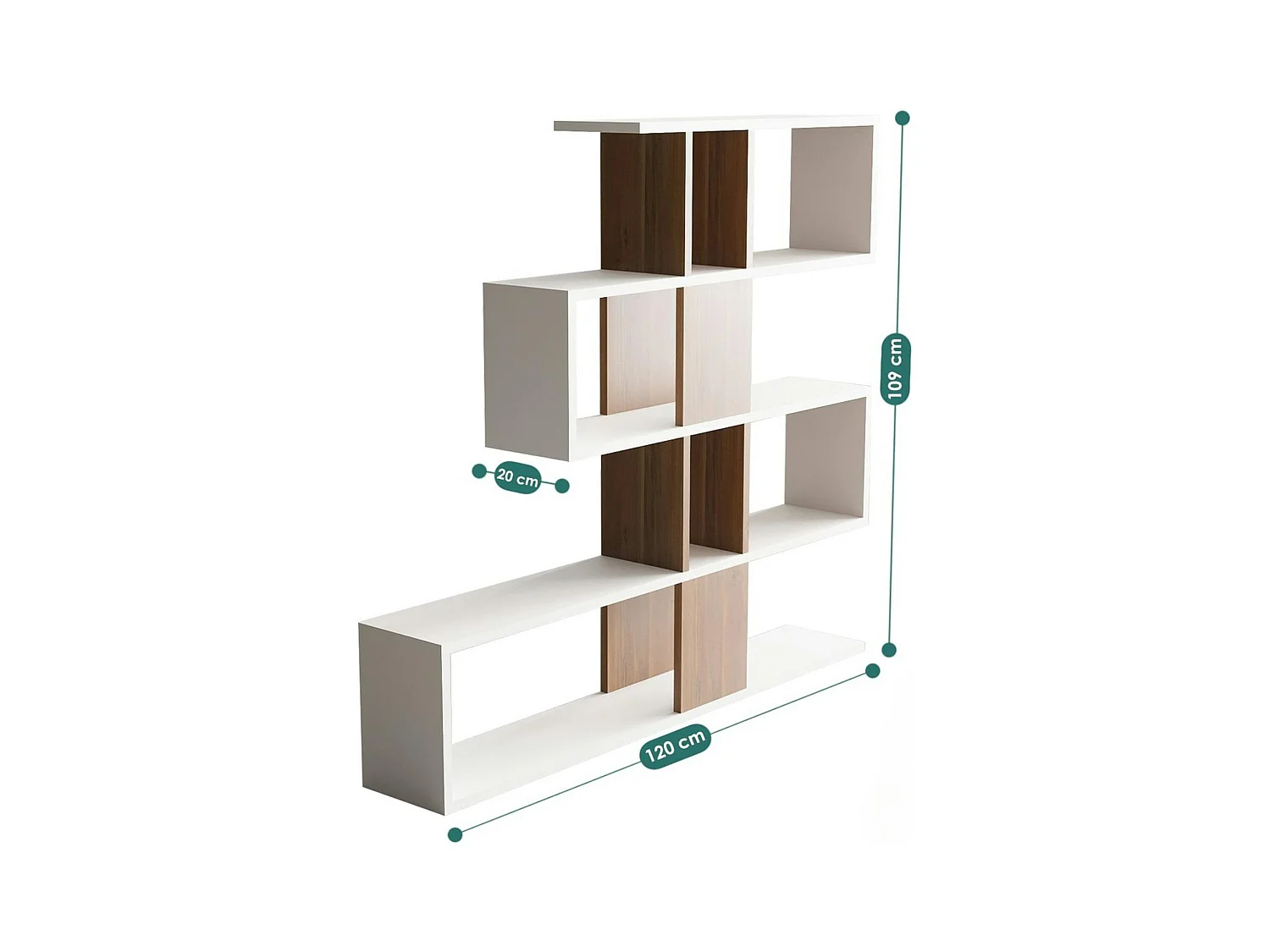 Bibliothèque blanche et effet noyer avec niches, 120 cm MARFA