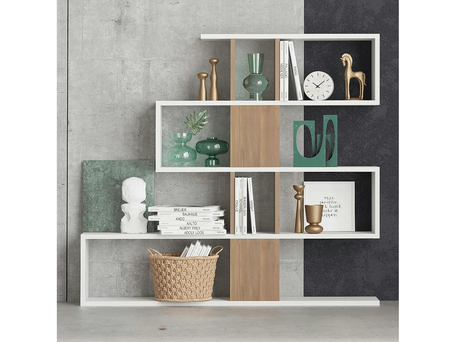 Bibliothèque blanche et effet noyer avec niches, 120 cm MARFA