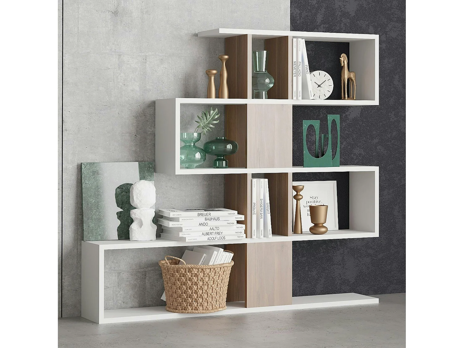 Bibliothèque blanche et effet noyer avec niches, 120 cm MARFA