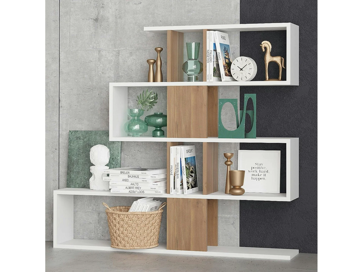 Bibliothèque blanche et effet noyer avec niches, 120 cm MARFA