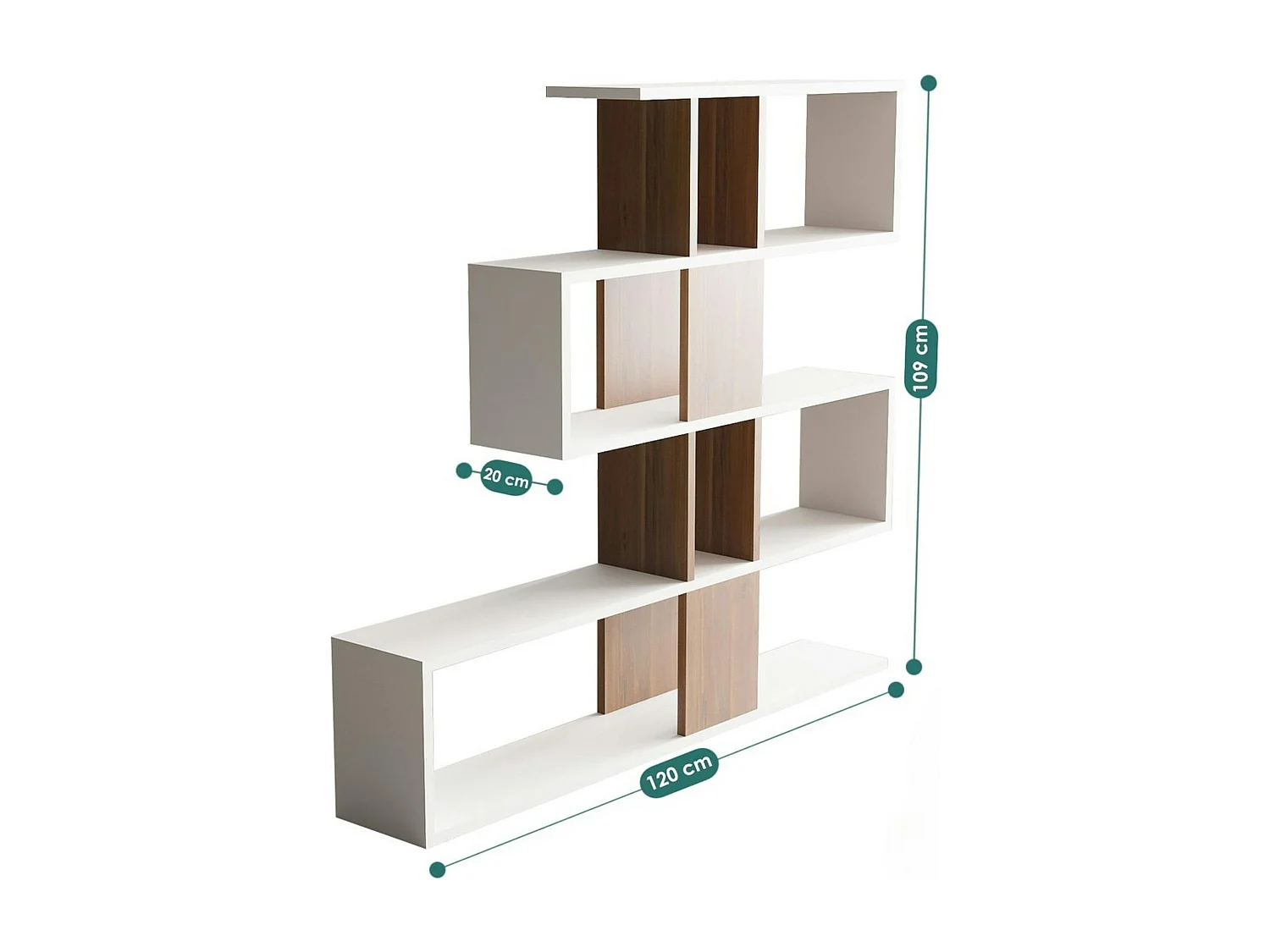 Bibliothèque blanche et effet noyer avec niches, 120 cm MARFA