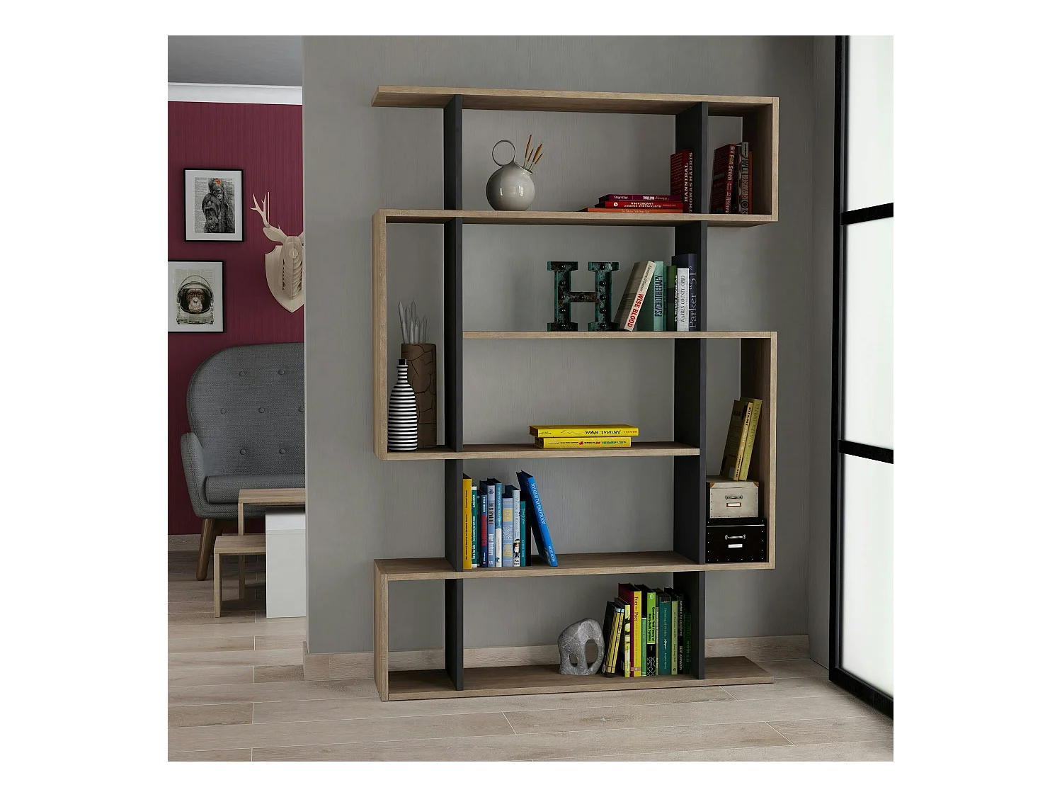 Bibliothèque gris foncé et effet chêne labyrinthe MARFA