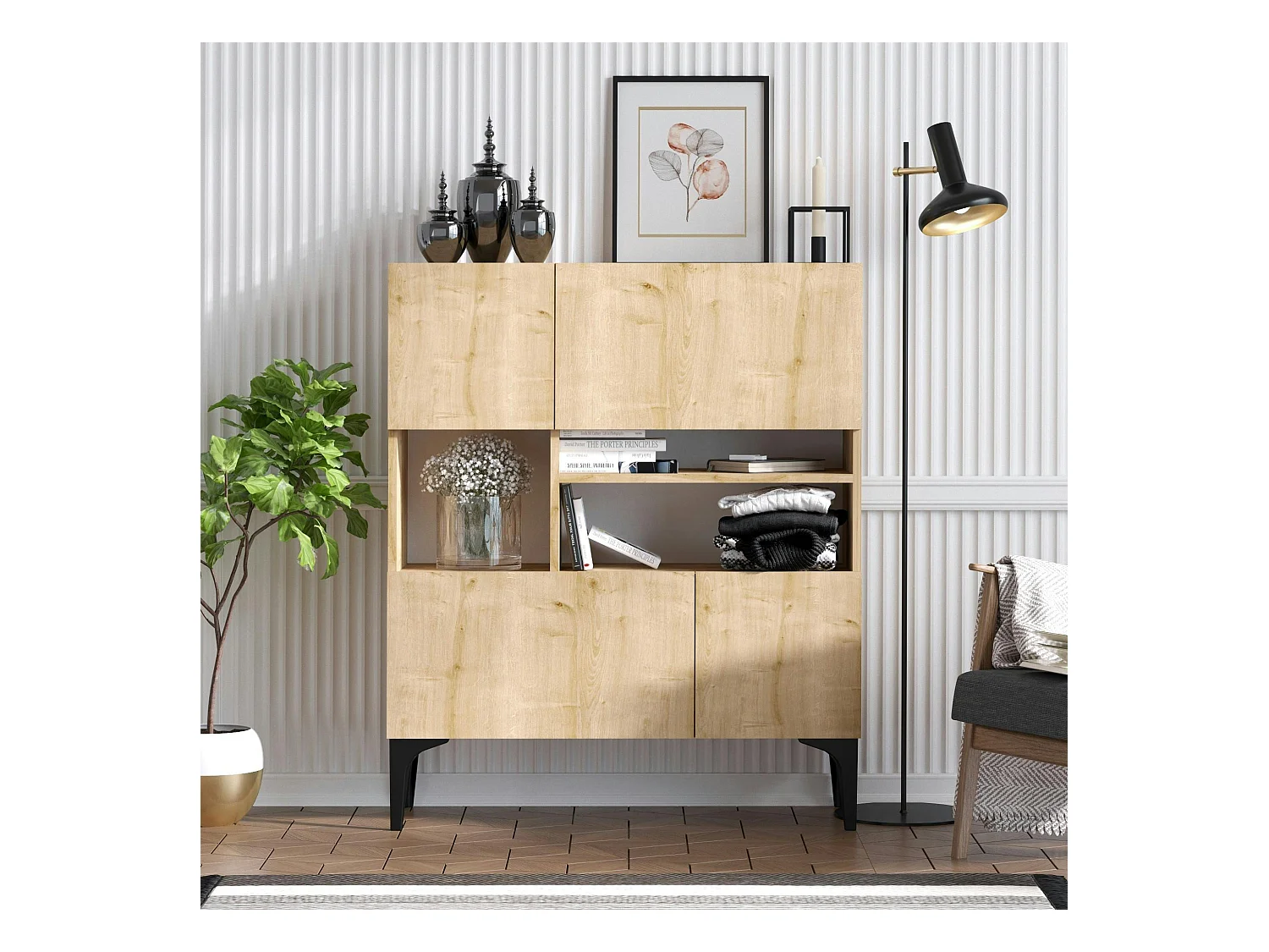 Buffet haut moderne effet chêne - 3 niches centrales JENA