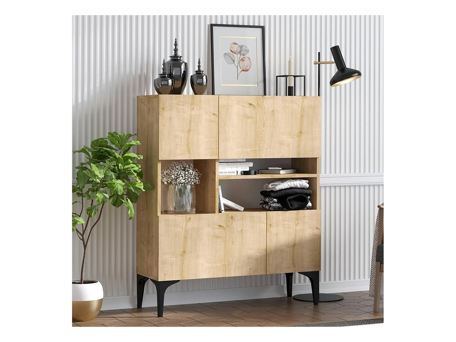 Buffet haut moderne effet chêne - 3 niches centrales JENA