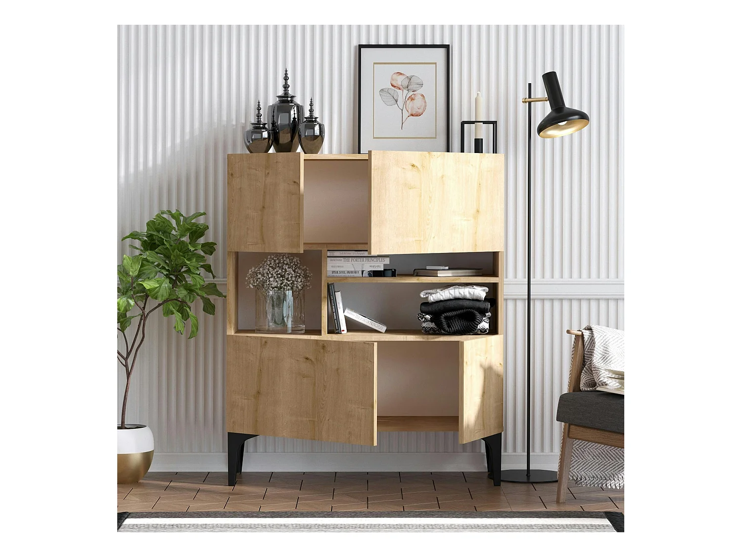 Buffet haut moderne effet chêne - 3 niches centrales JENA