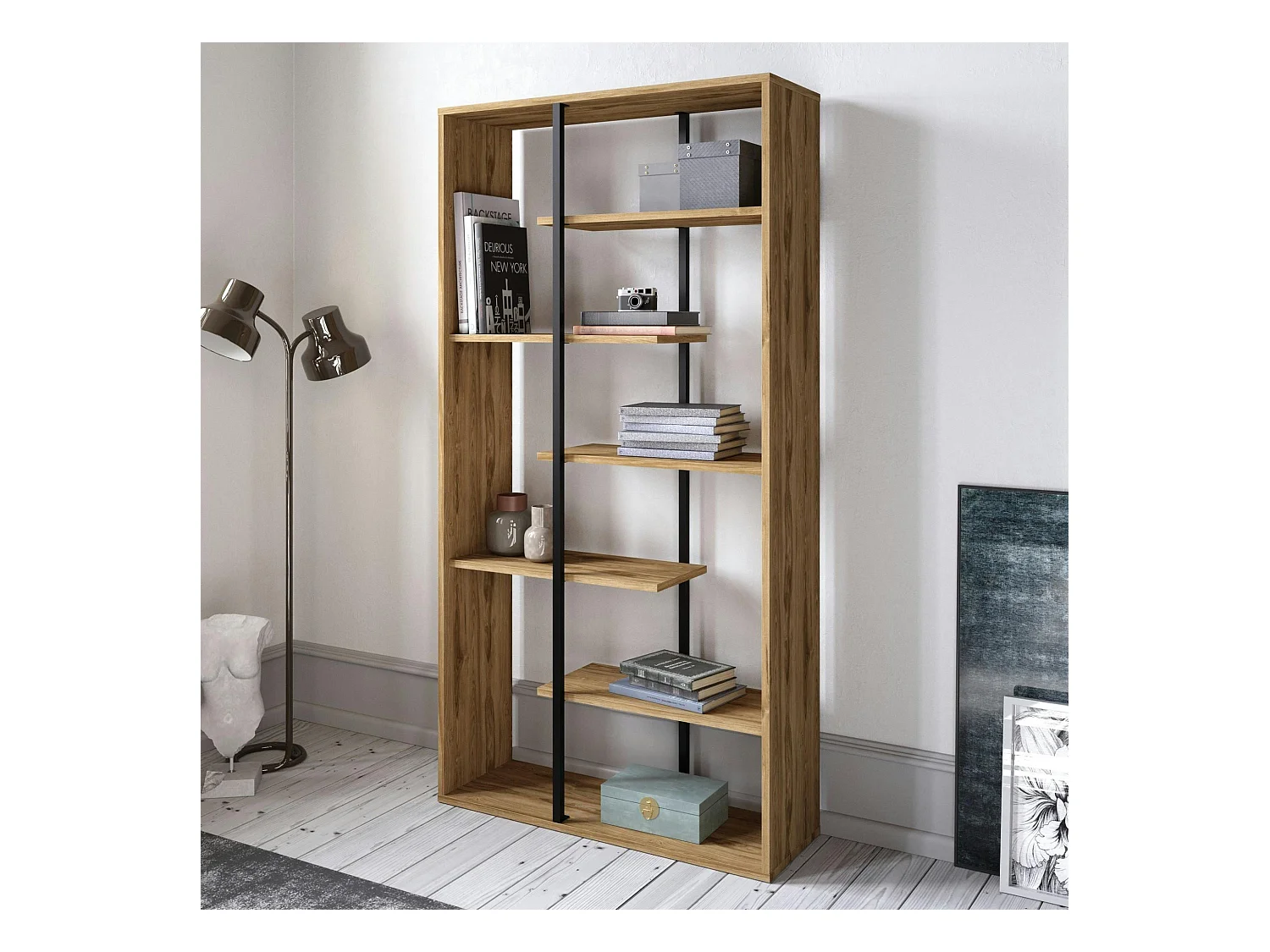 Bibliothèque moderne effet noyer et baguettes noires JENA