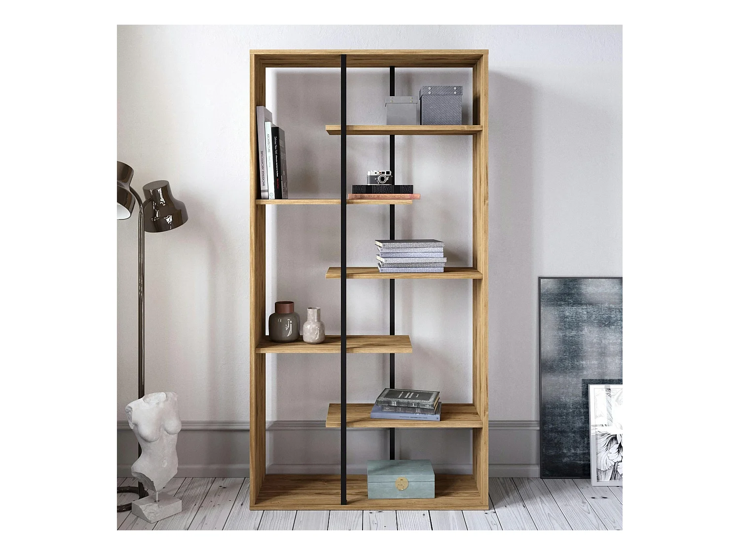 Bibliothèque moderne effet noyer et baguettes noires JENA