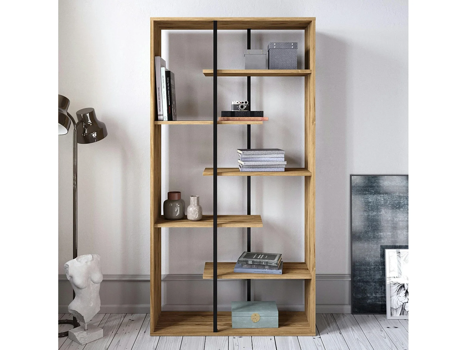 Bibliothèque moderne effet noyer et baguettes noires JENA