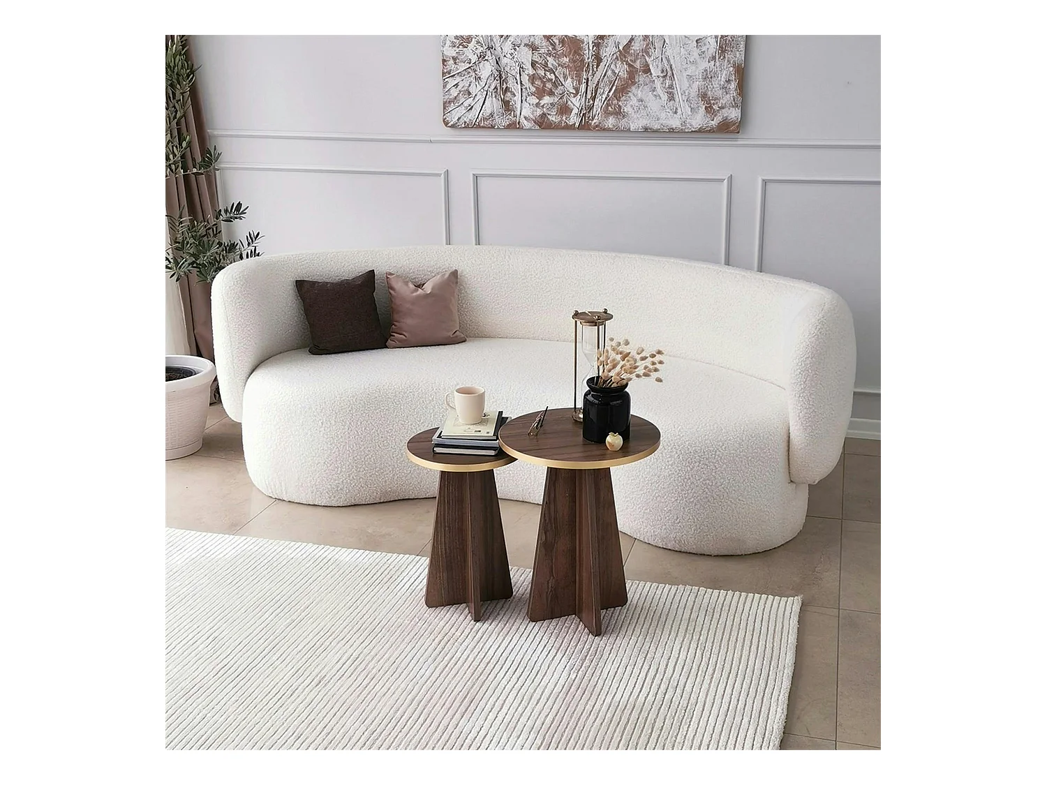 Bout de canapé moderne effet noyer - pieds trapèze, 2 pièces MARFA