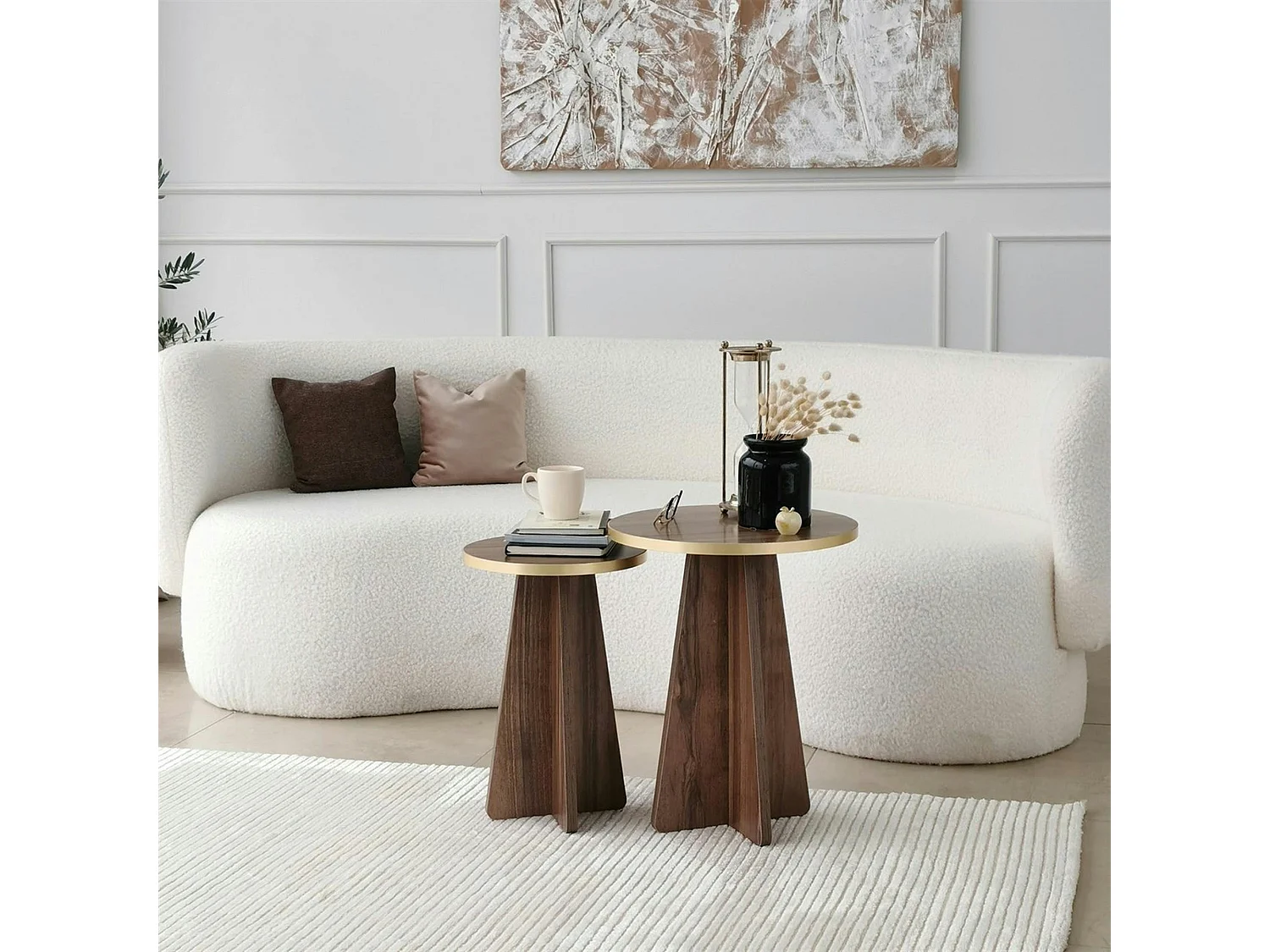 Bout de canapé moderne effet noyer - pieds trapèze, 2 pièces MARFA