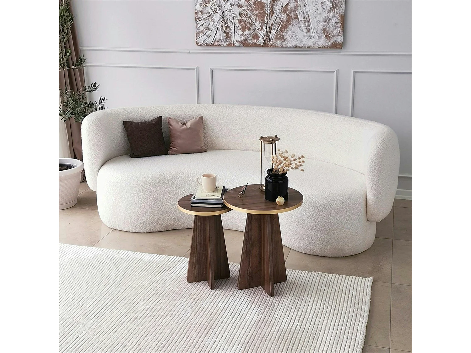 Bout de canapé moderne effet noyer - pieds trapèze, 2 pièces MARFA