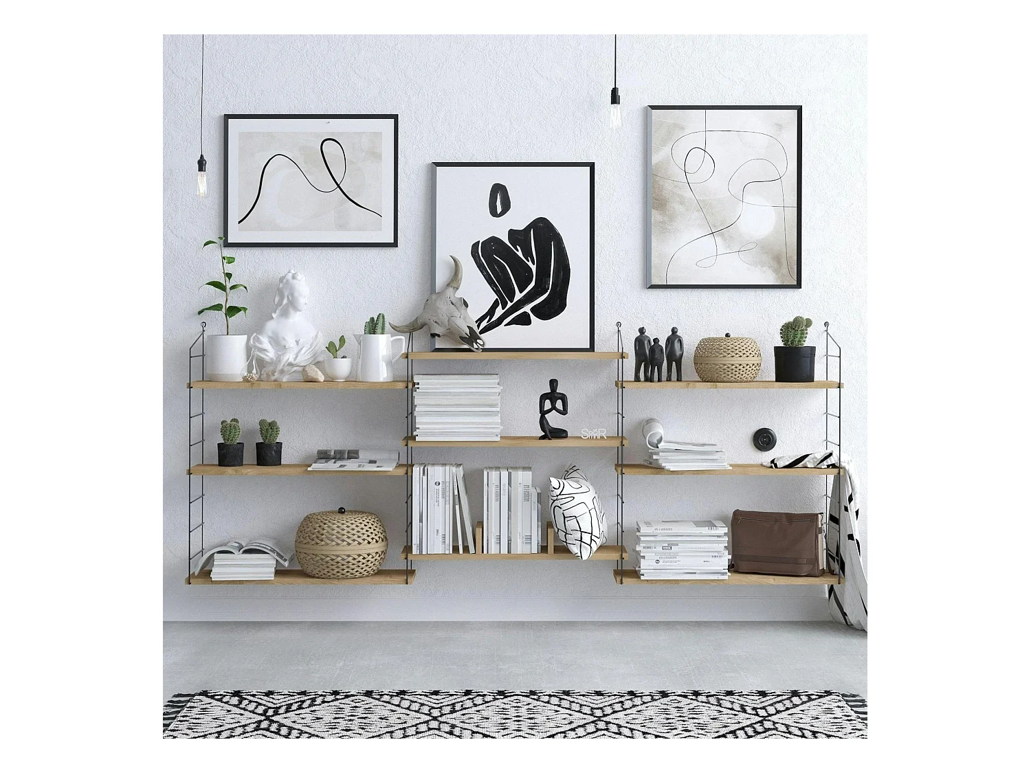 Etagère murale effet chêne clair structure métal noir JENA