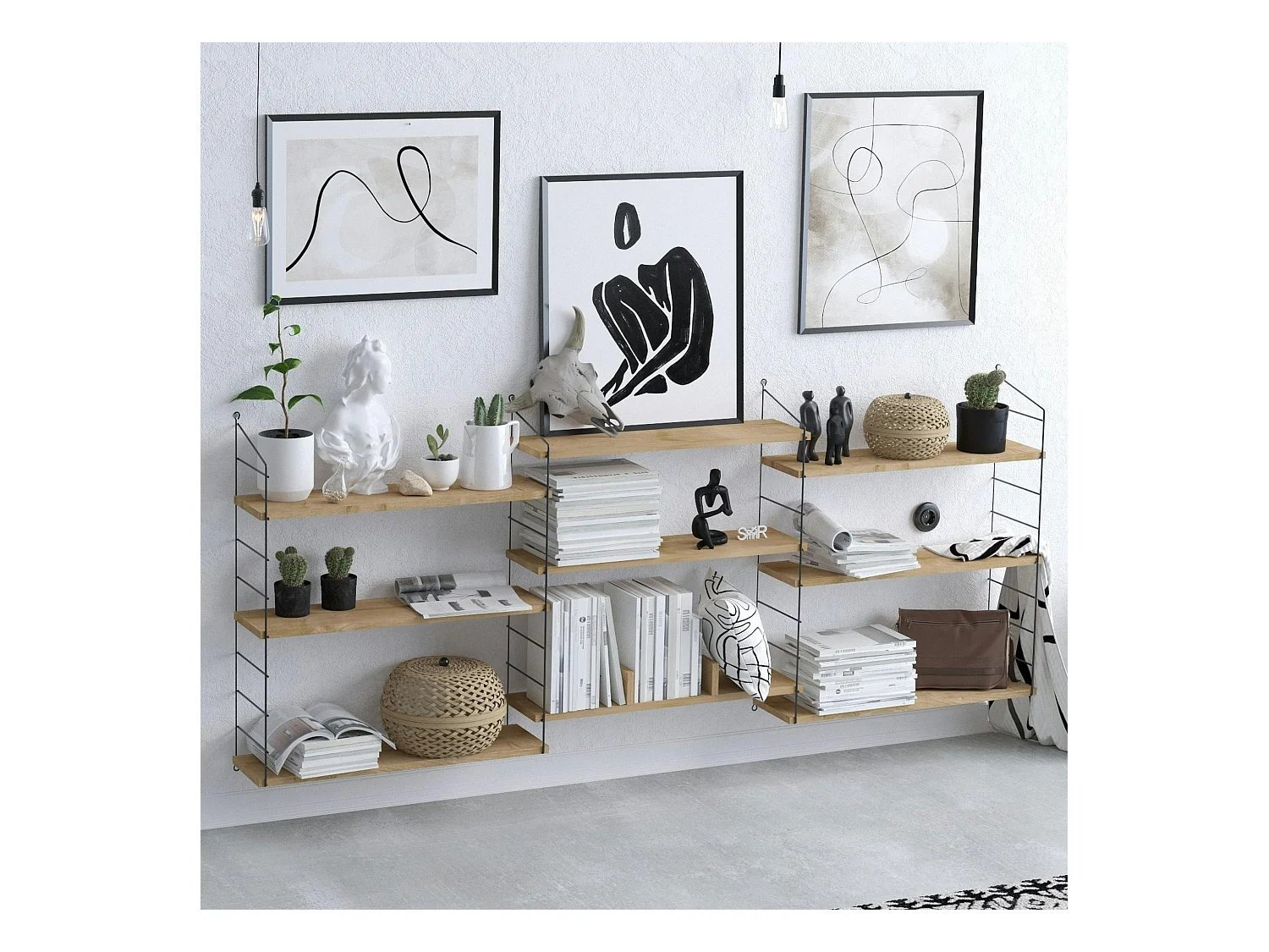 Etagère murale effet chêne clair structure métal noir JENA