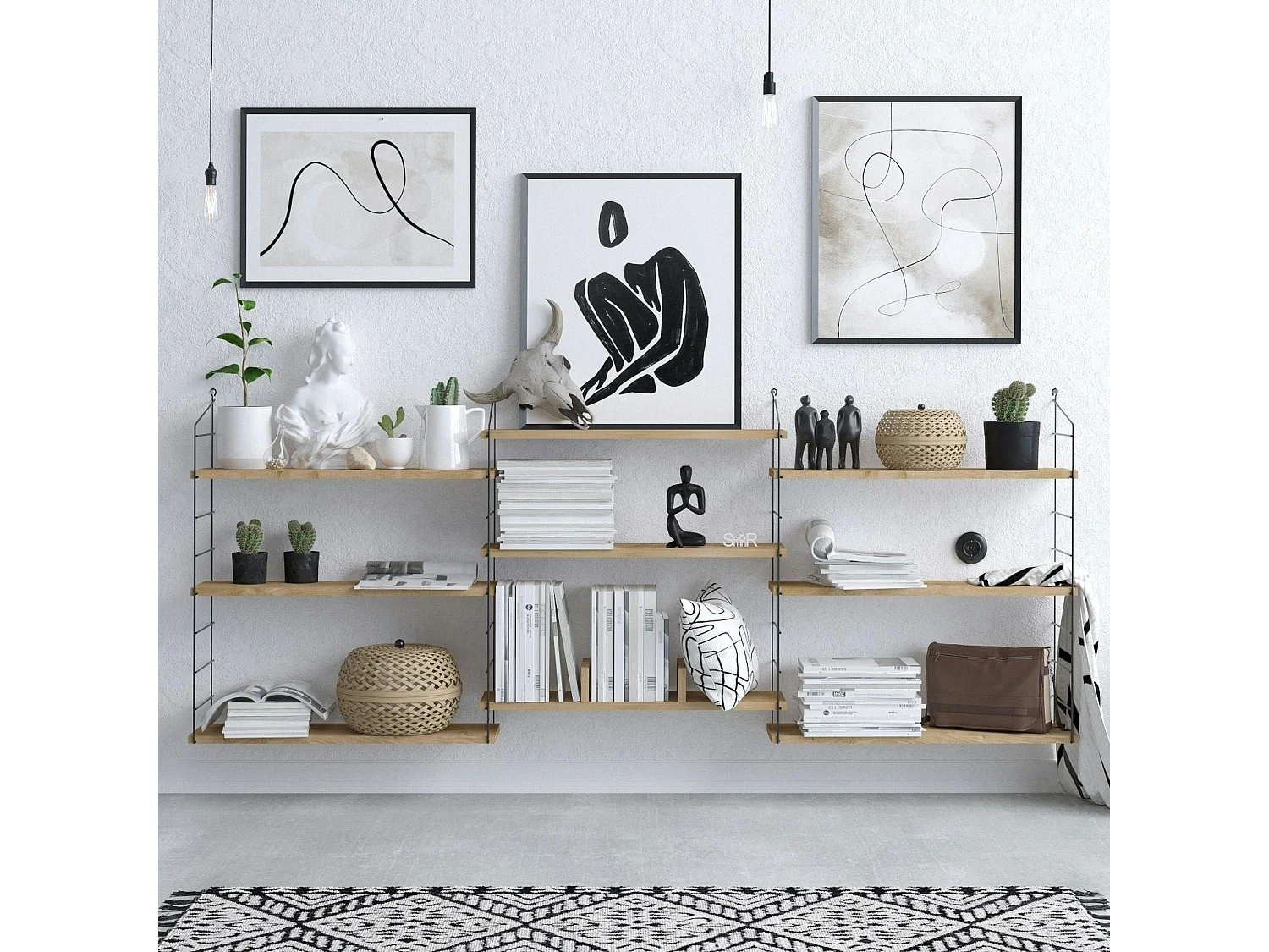 Etagère murale effet chêne clair structure métal noir JENA