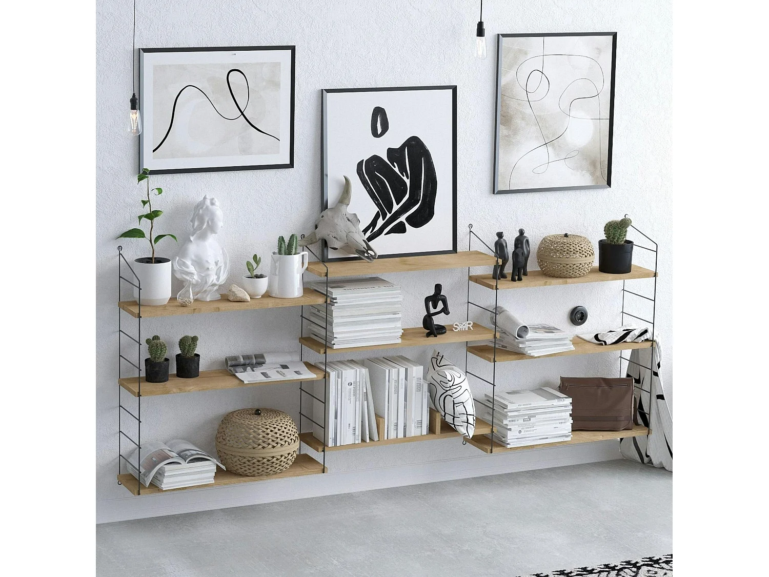 Etagère murale effet chêne clair structure métal noir JENA