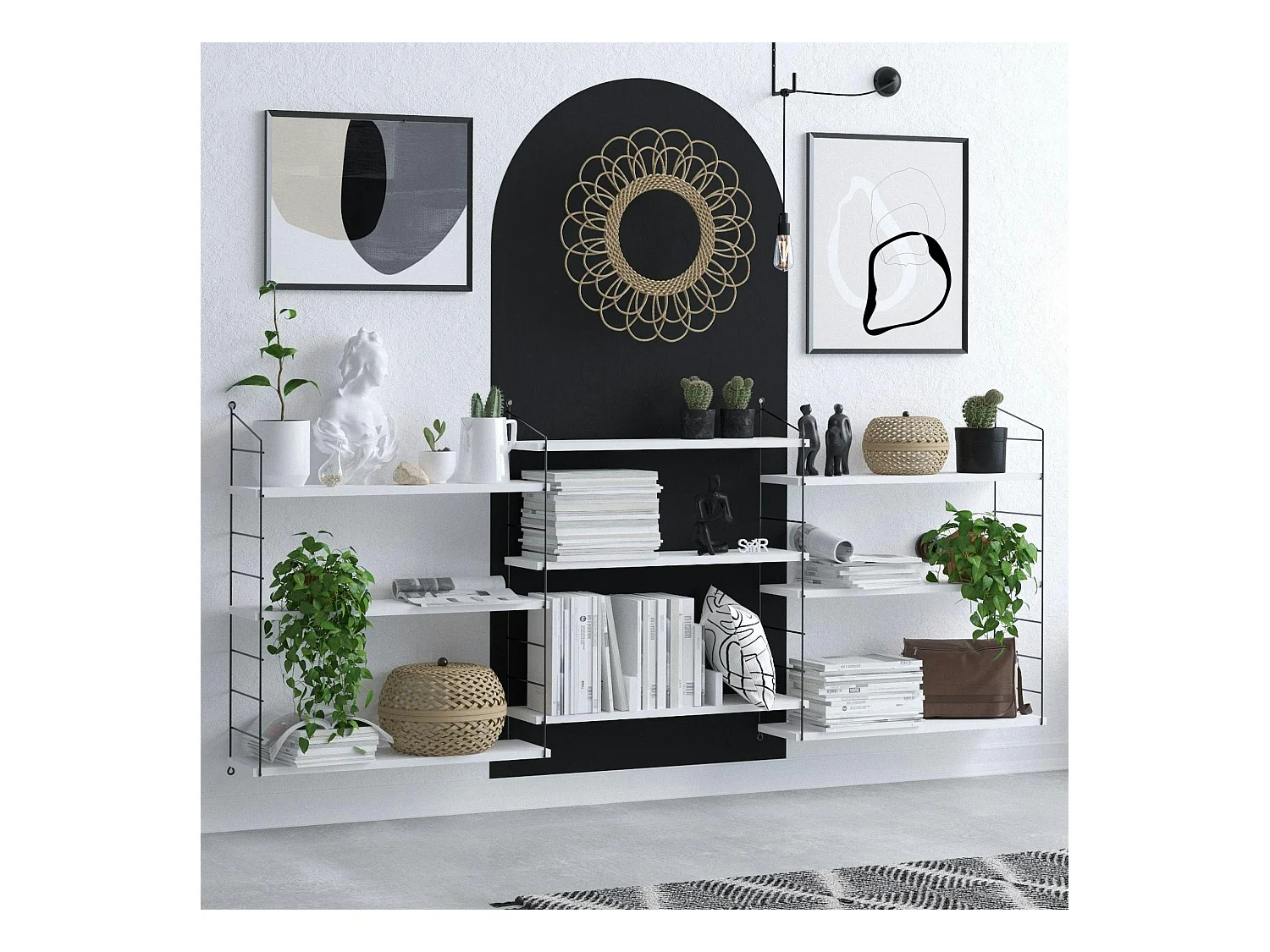 Etagère murale blanche structure métal noir JENA