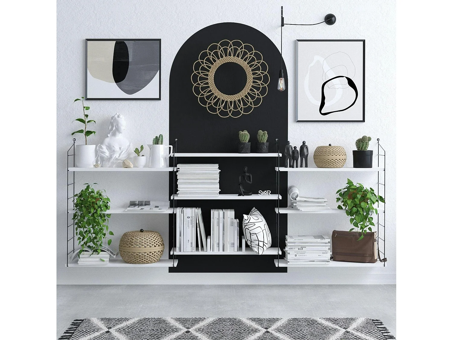 Etagère murale blanche structure métal noir JENA