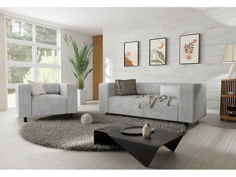 Ensemble de sièges moderne 2+1 en velours côtelé gris clair avec assise confortable THORA