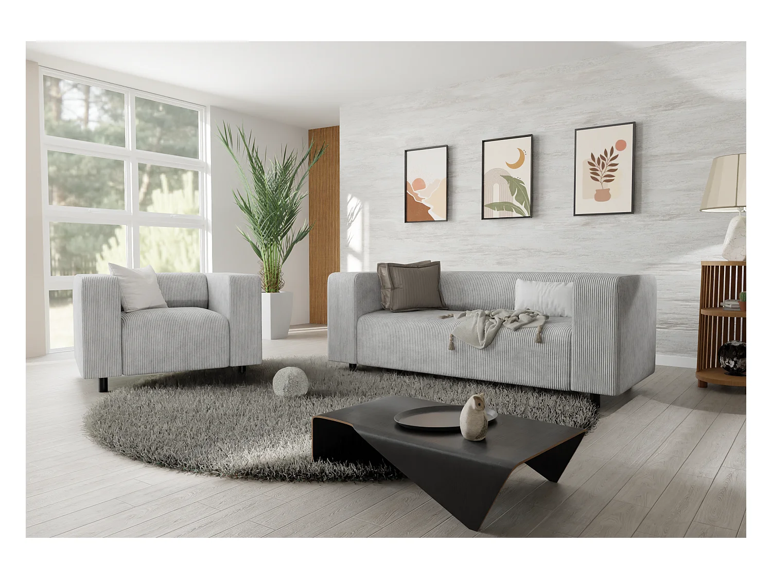 Ensemble de sièges moderne 2+1 en velours côtelé gris clair avec assise confortable THORA