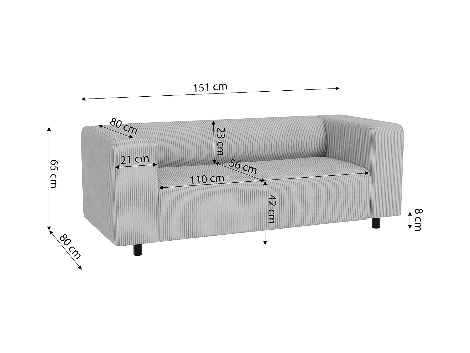 Ensemble de sièges moderne 2+1 en velours côtelé gris clair avec assise confortable THORA