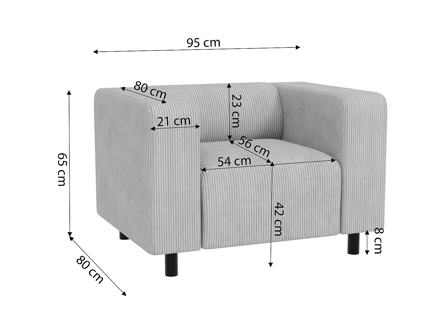 Ensemble de sièges moderne 2+1 en velours côtelé gris clair avec assise confortable THORA