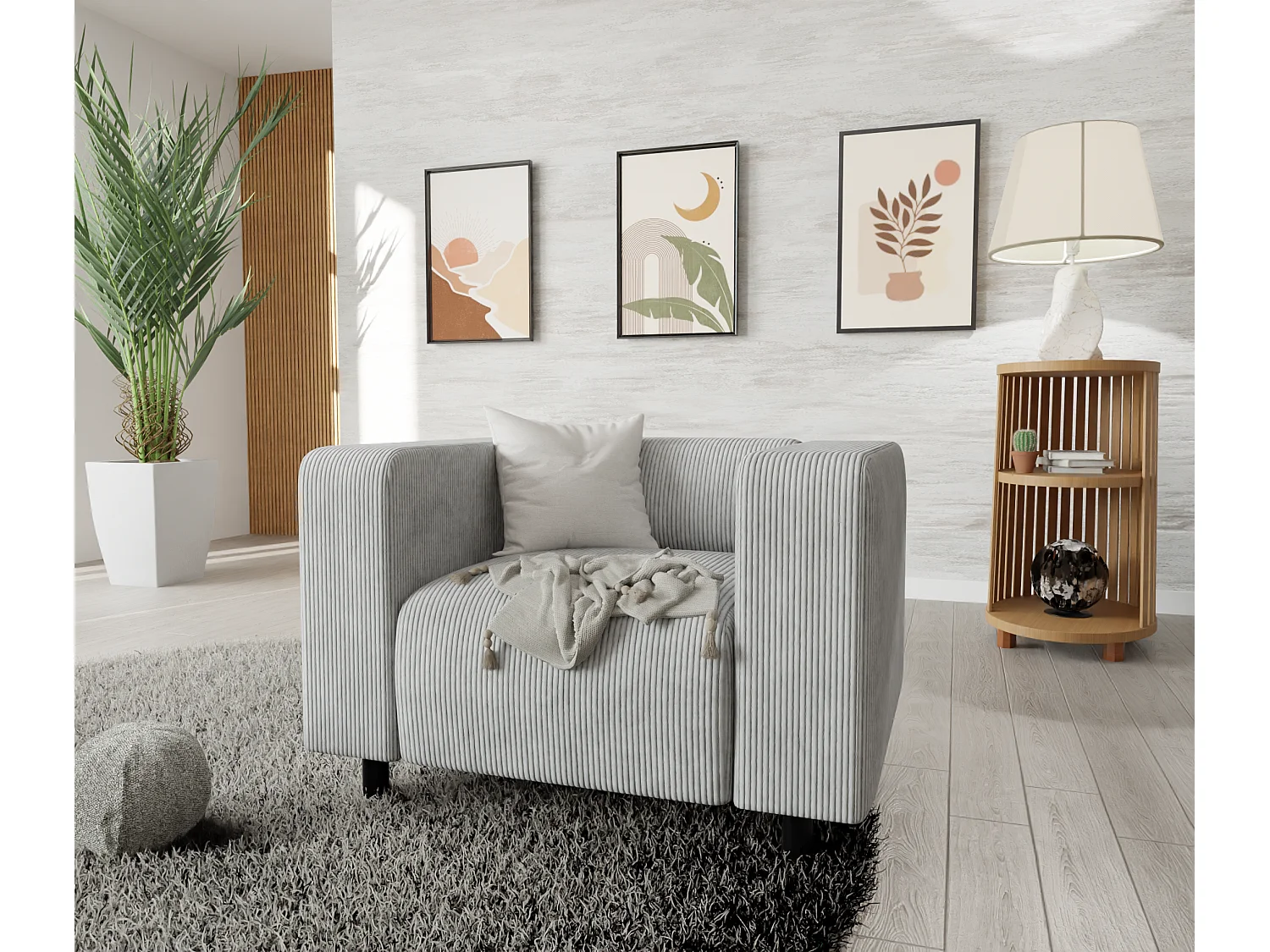 Ensemble de sièges moderne 2+1 en velours côtelé gris clair avec assise confortable THORA