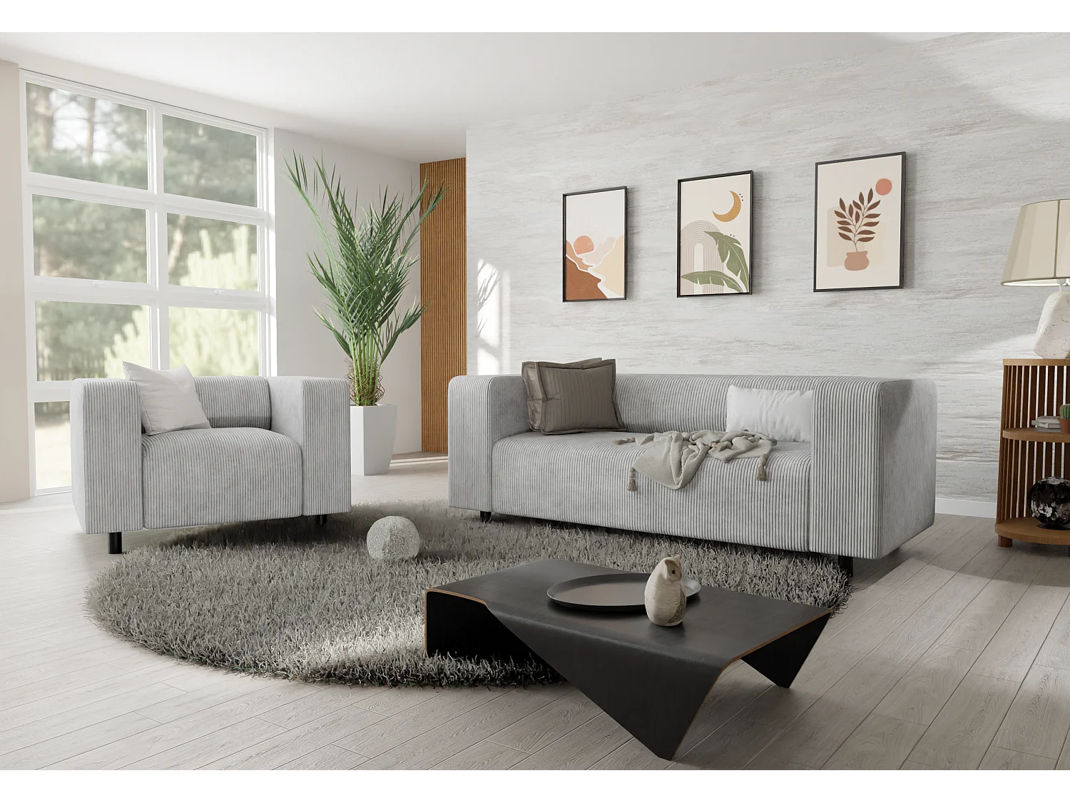 Ensemble de sièges moderne 2+1 en velours côtelé gris clair avec assise confortable THORA