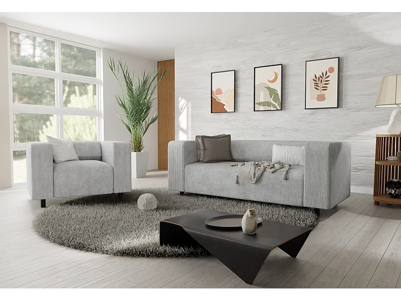 Ensemble de sièges moderne 2+1 en velours côtelé gris clair avec assise confortable THORA