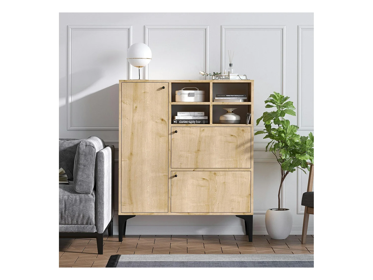 Buffet haut moderne effet chêne - 4 niches JENA