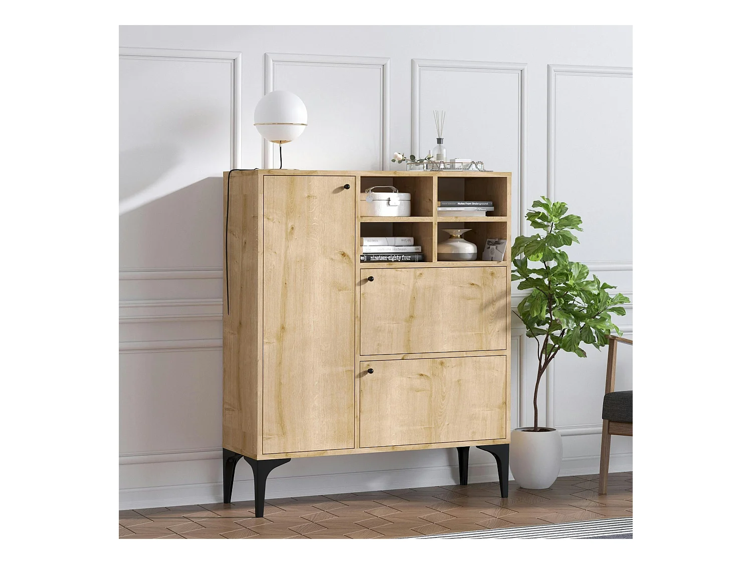 Buffet haut moderne effet chêne - 4 niches JENA