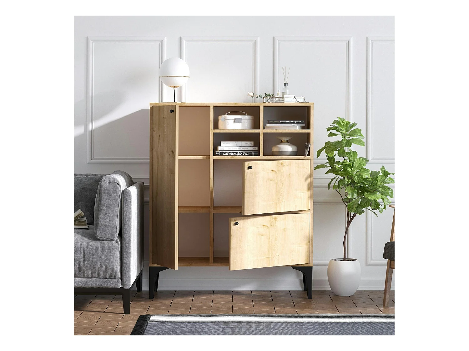 Buffet haut moderne effet chêne - 4 niches JENA