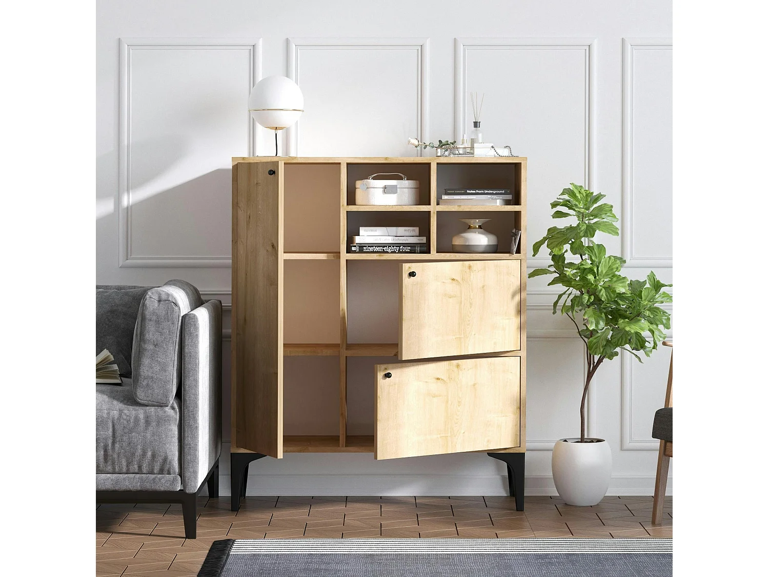 Buffet haut moderne effet chêne - 4 niches JENA