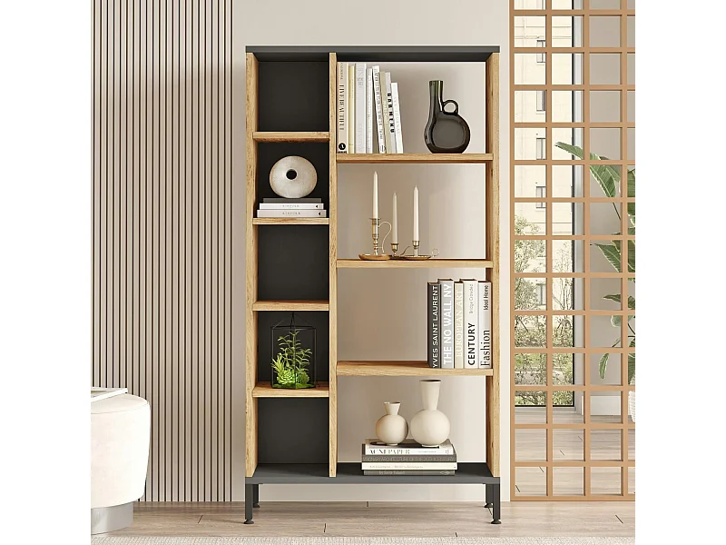 Bibliothèque moderne gris foncé et effet pin MARFA