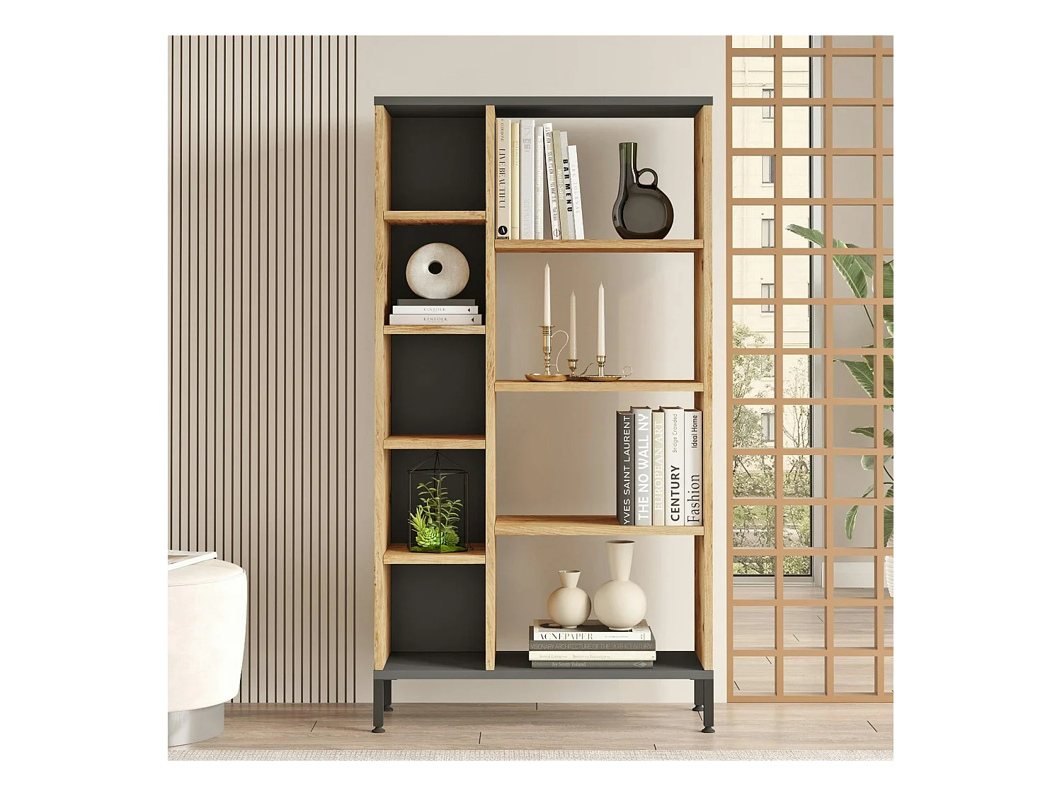 Bibliothèque moderne gris foncé et effet pin MARFA