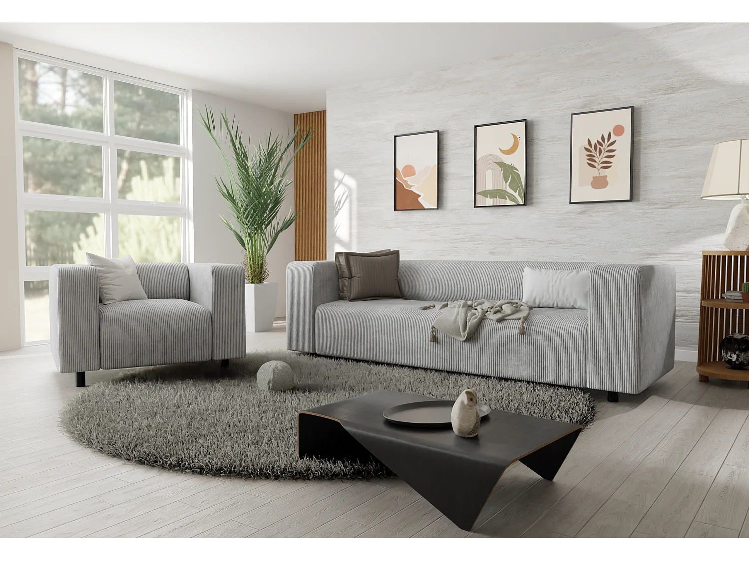 Ensemble de sièges moderne 3+1 en velours côtelé gris clair avec assise confortable THORA