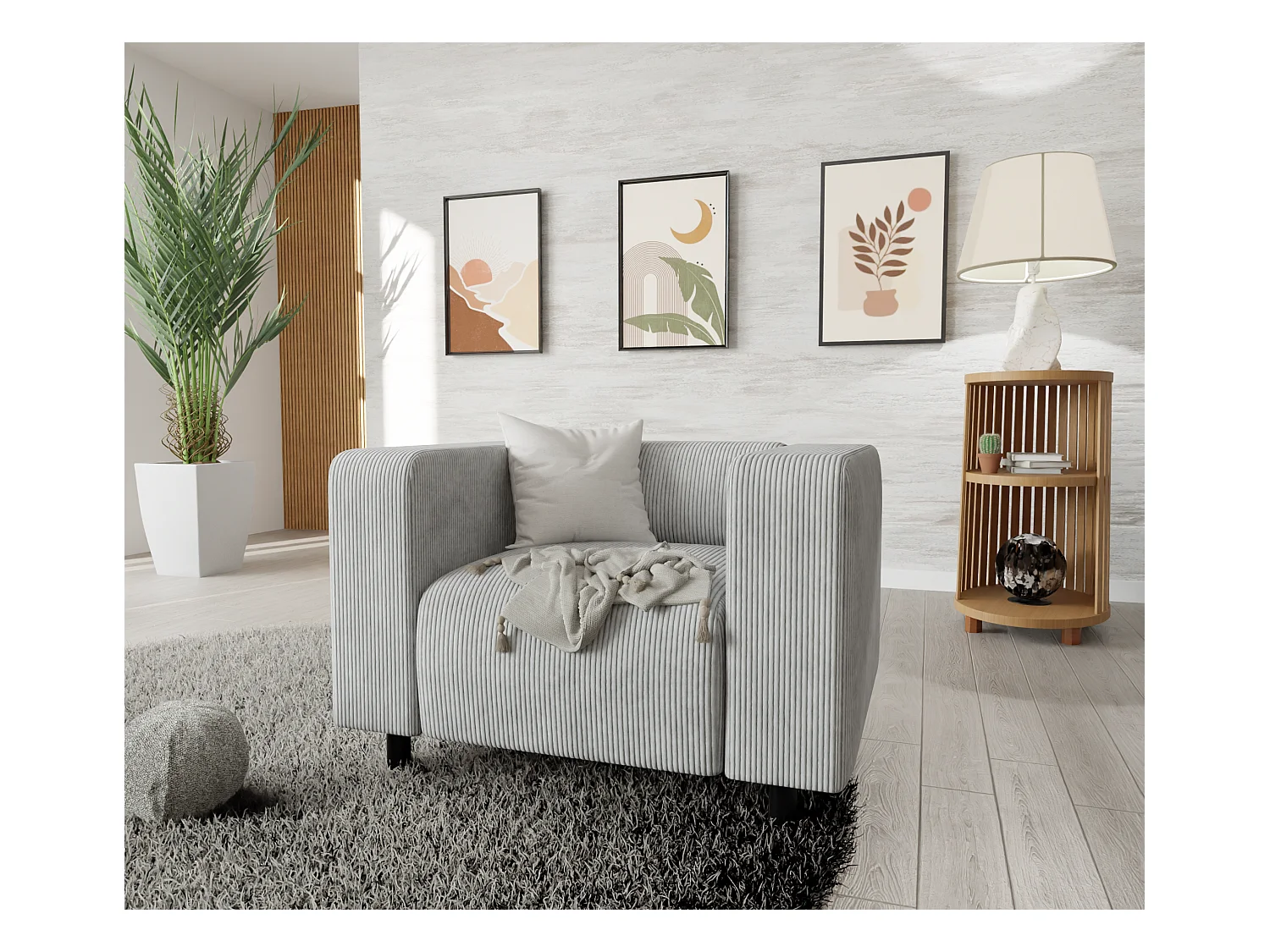 Ensemble de sièges moderne 3+1 en velours côtelé gris clair avec assise confortable THORA