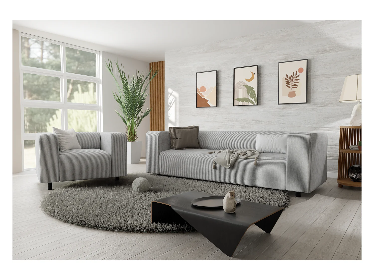 Ensemble de sièges moderne 3+1 en velours côtelé gris clair avec assise confortable THORA