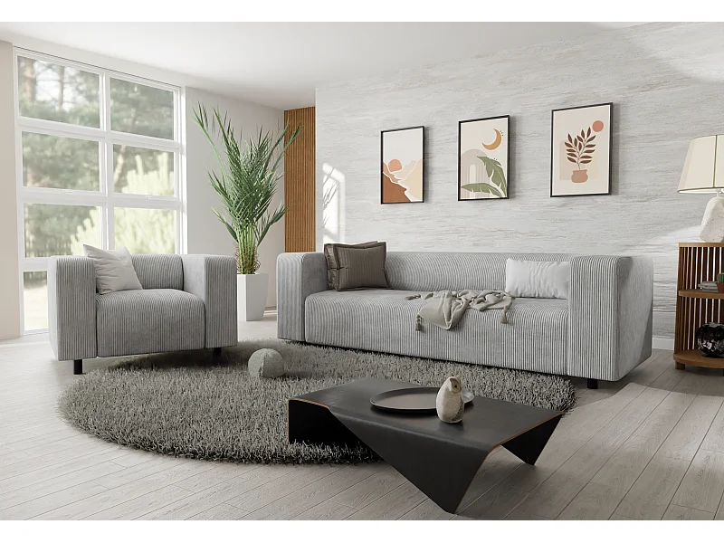 Ensemble de sièges moderne 3+1 en velours côtelé gris clair avec assise confortable THORA