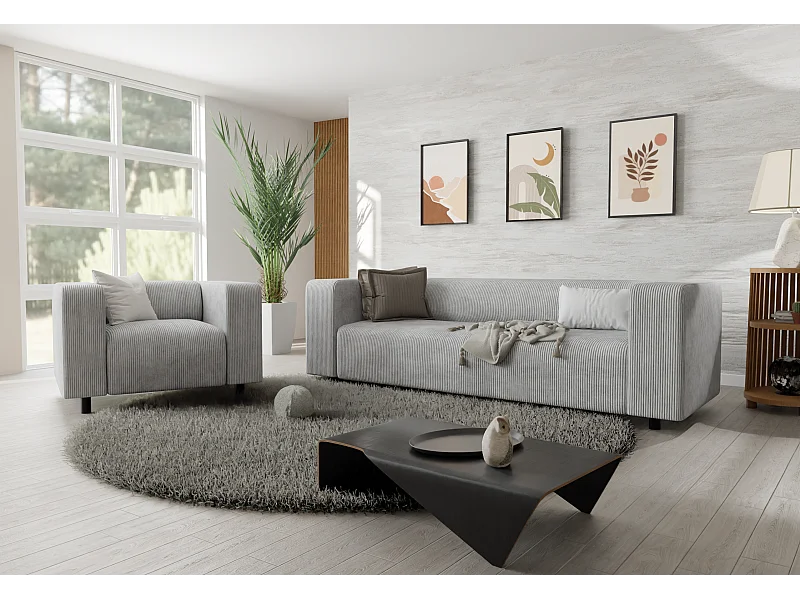 Ensemble de sièges moderne 3+1 en velours côtelé gris clair avec assise confortable THORA